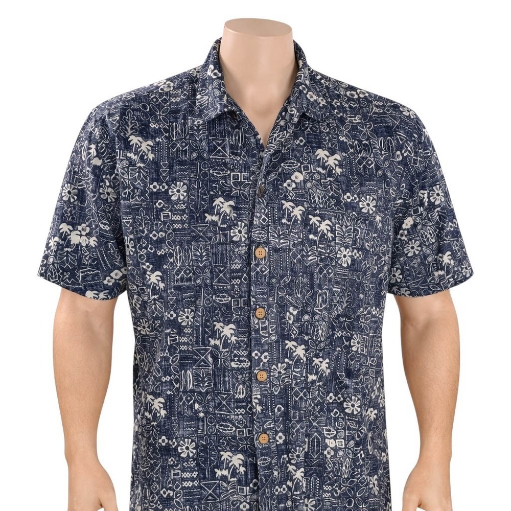 Ocean Pacific Sport Hawaiian Aloha Shirt Large Floral Tribal Reverse Print